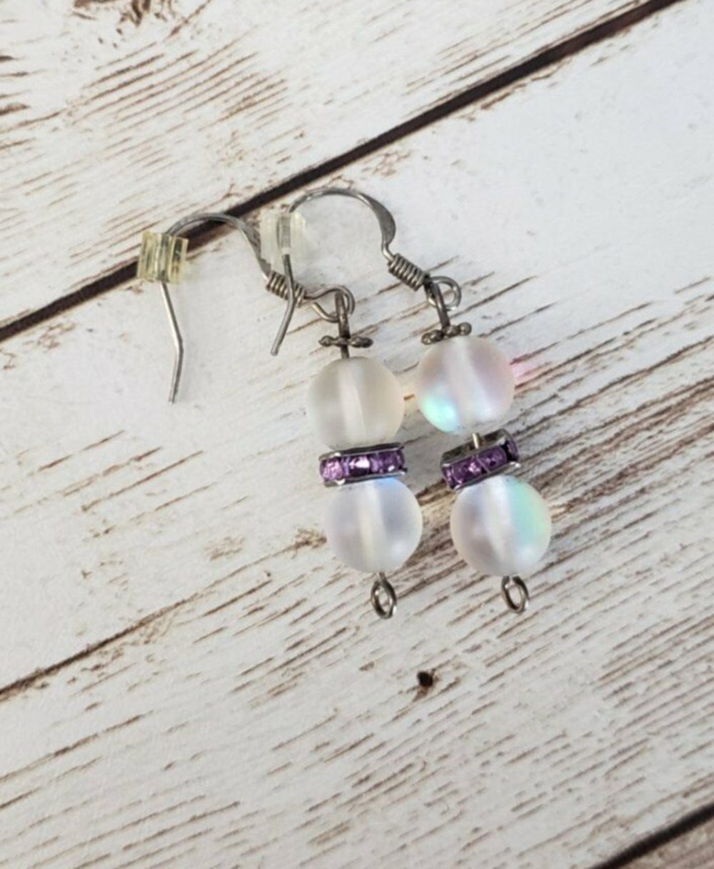 Iridescent Frosted Beads & Purple Gems Dangle Hook Earrings